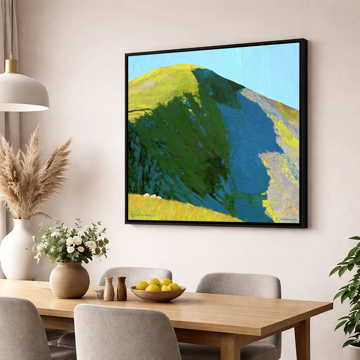 Vibrant Light on Sail Fell lake district fell wall art displayed in a dining room