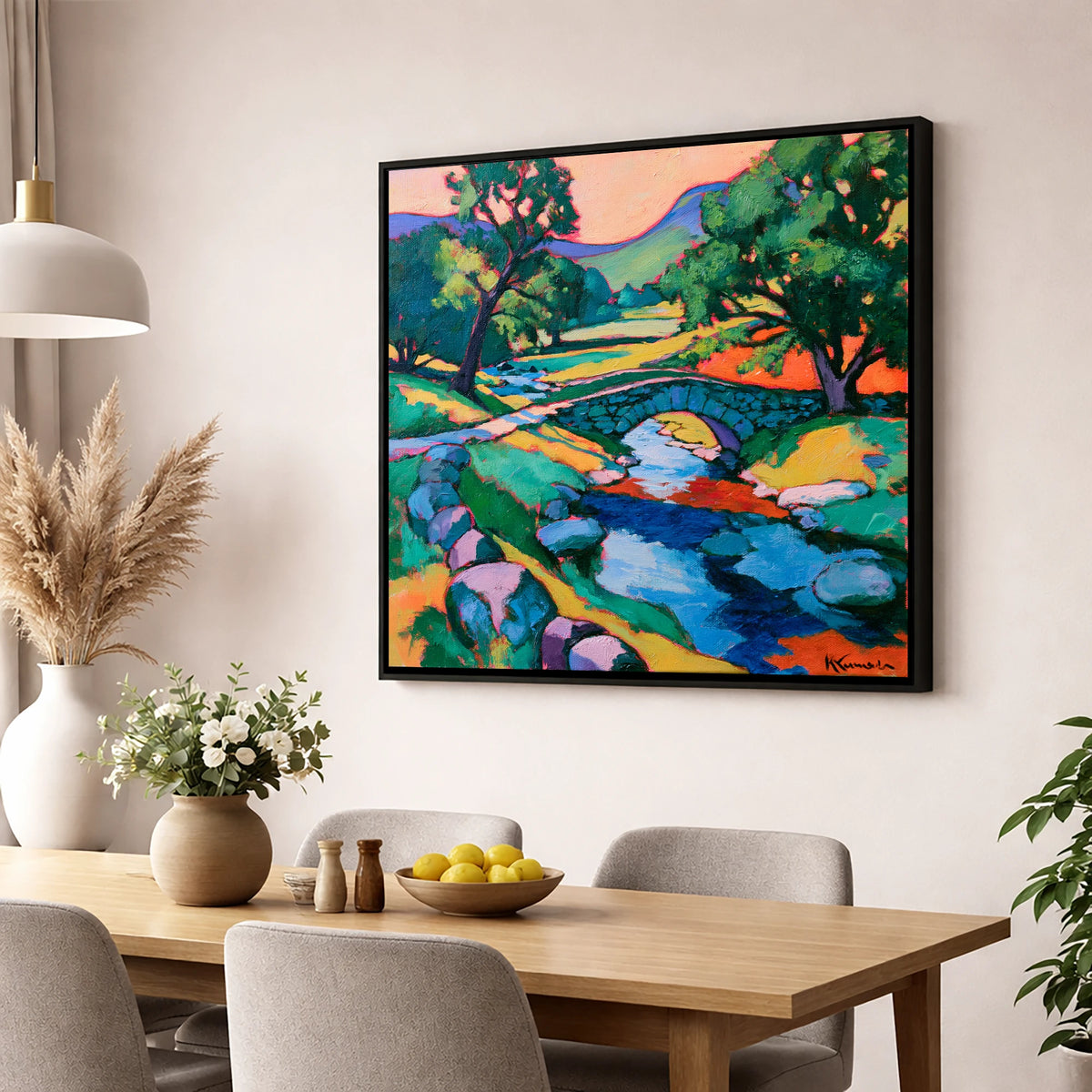 Saturated Sunset at the Stone Bridge lake district waterfall wall art displayed in a dining room
