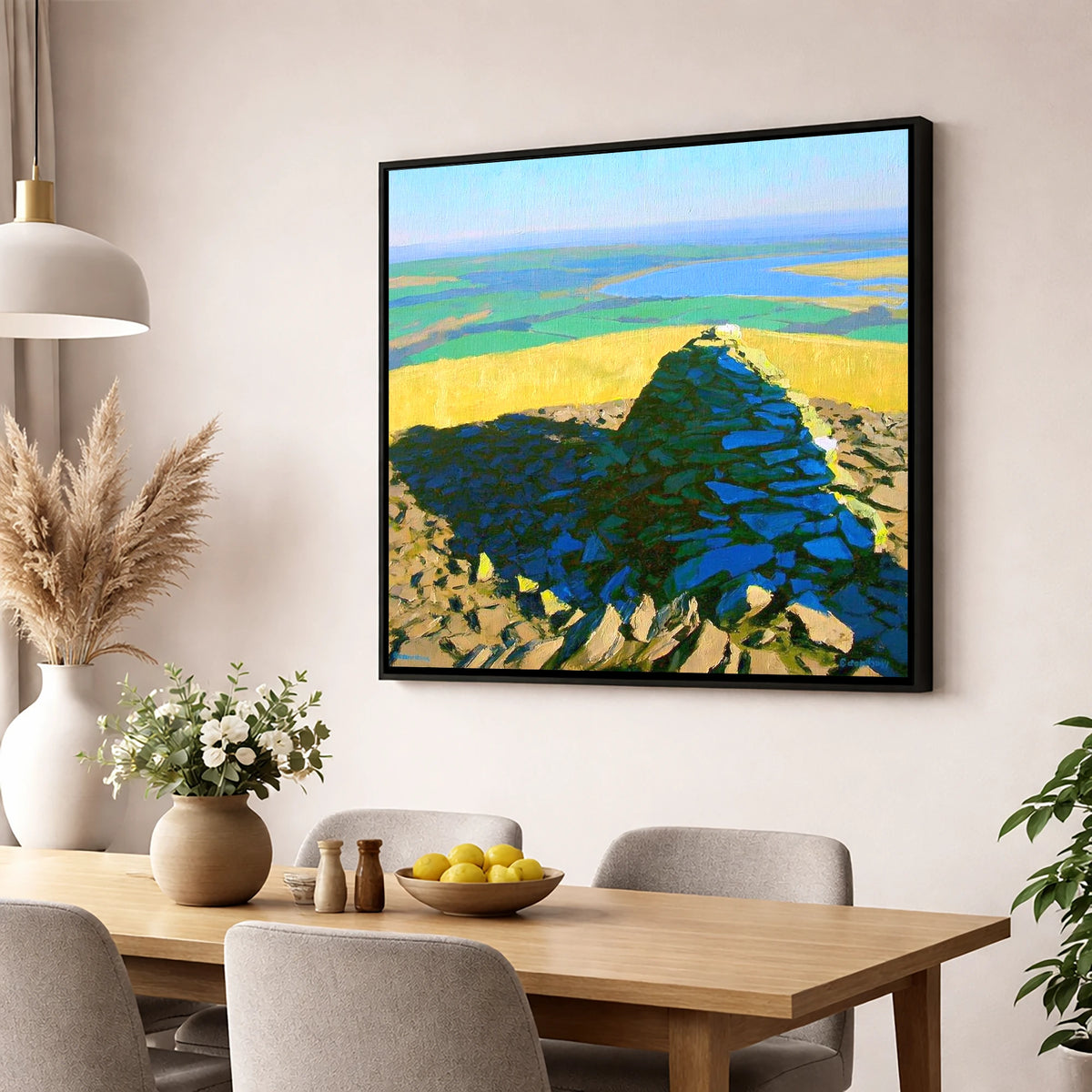 Vibrant Brae Fell Stone Cairn lake district fell wall art displayed in a dining room