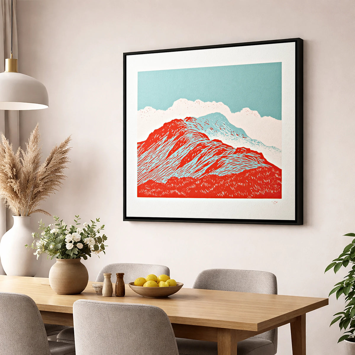 Graphic Red Fell Ridge lake district fell wall art displayed in a dining room
