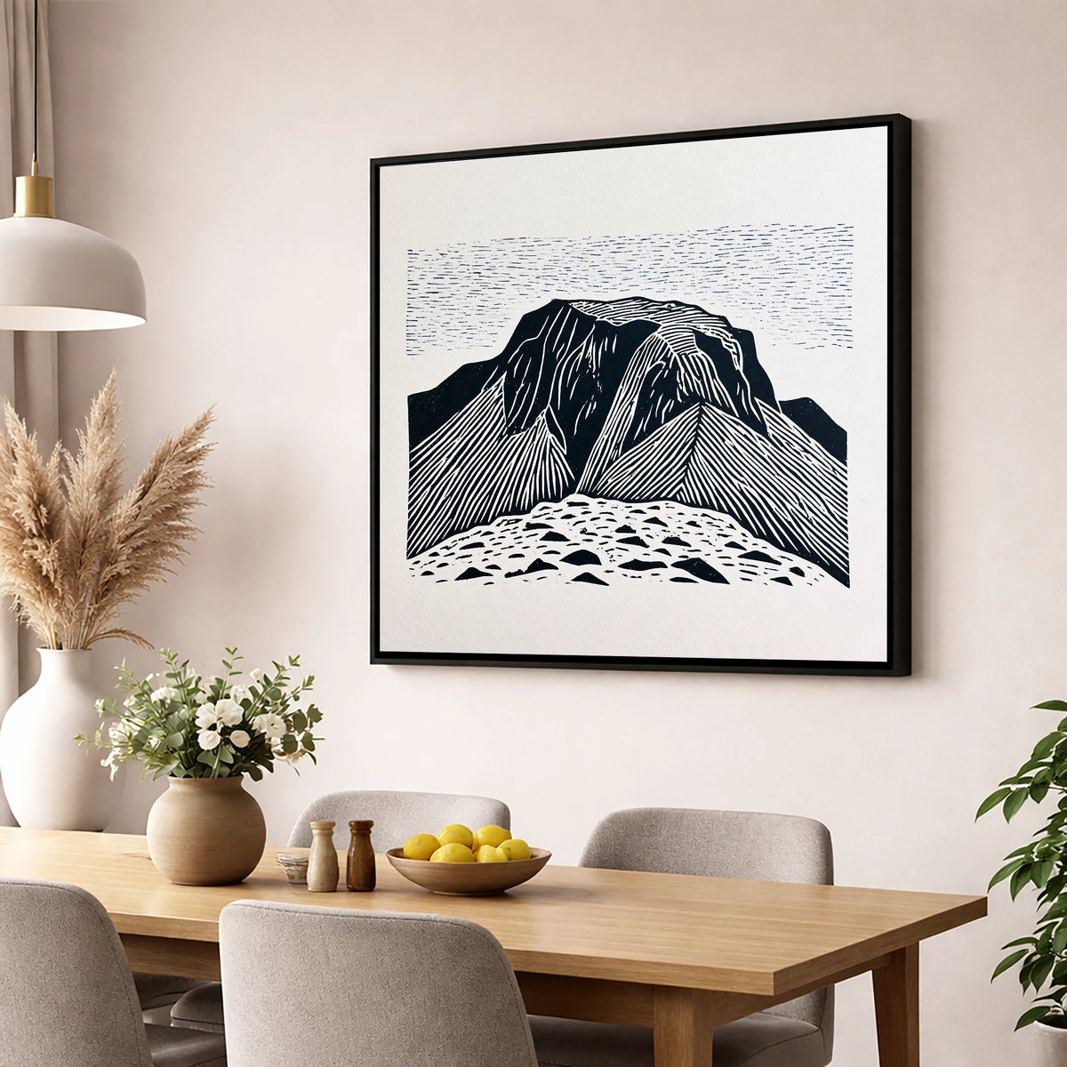 Great Gable Monochrome Graphic lake district fell wall art displayed in a dining room