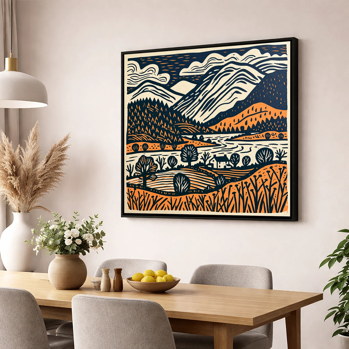 Grasmere Fells in Terracotta and Navy lake district lake wall art displayed in a dining room
