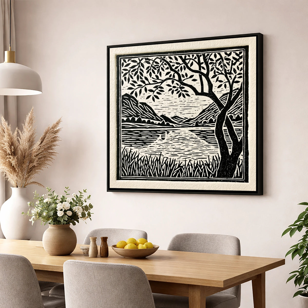 Still Dawn Lake in Monochrome lake district lake wall art displayed in a dining room
