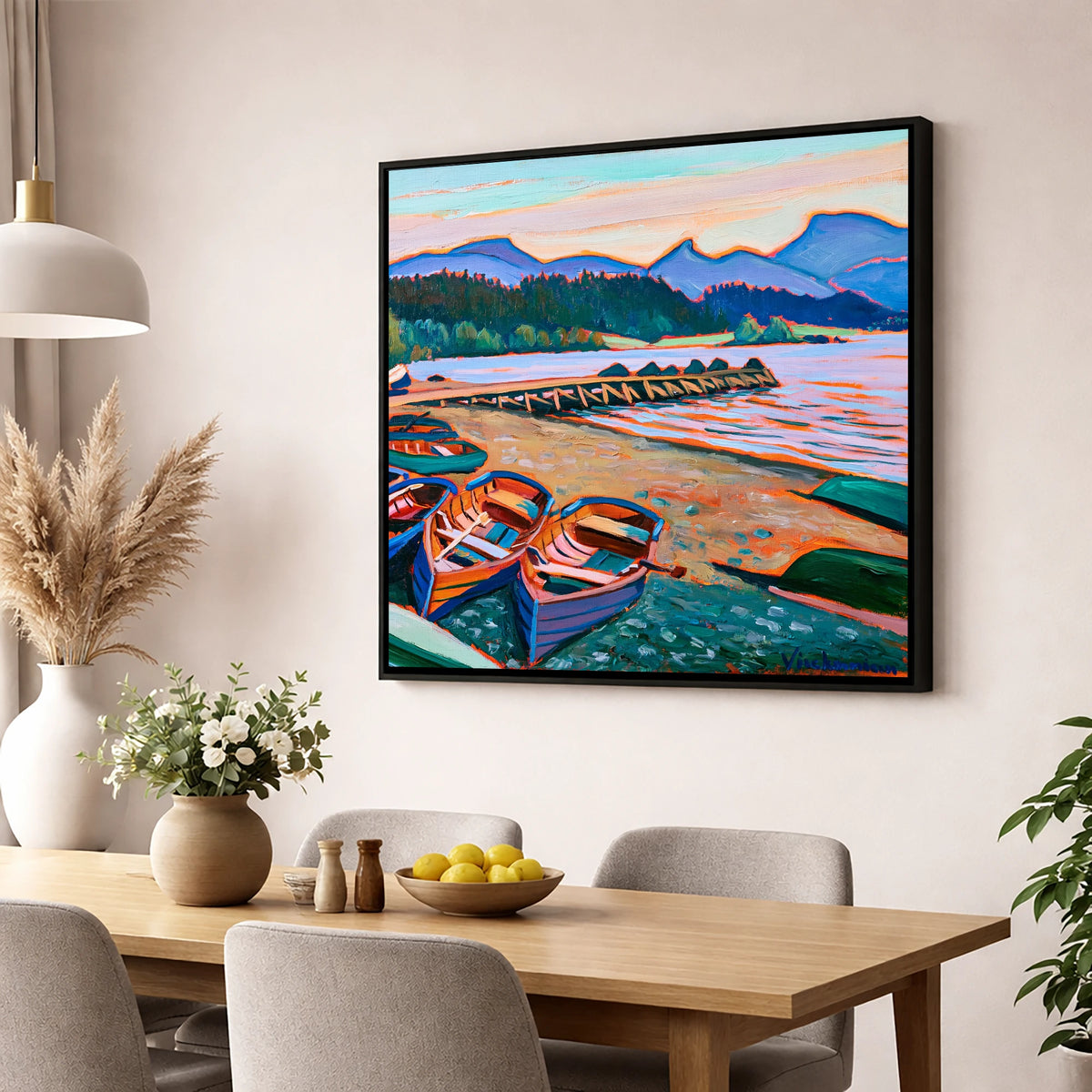 Colourful Windermere Rowing Boats lake district lake wall art displayed in a dining room