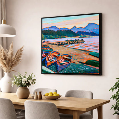 Colourful Windermere Rowing Boats lake district lake wall art displayed in a dining room