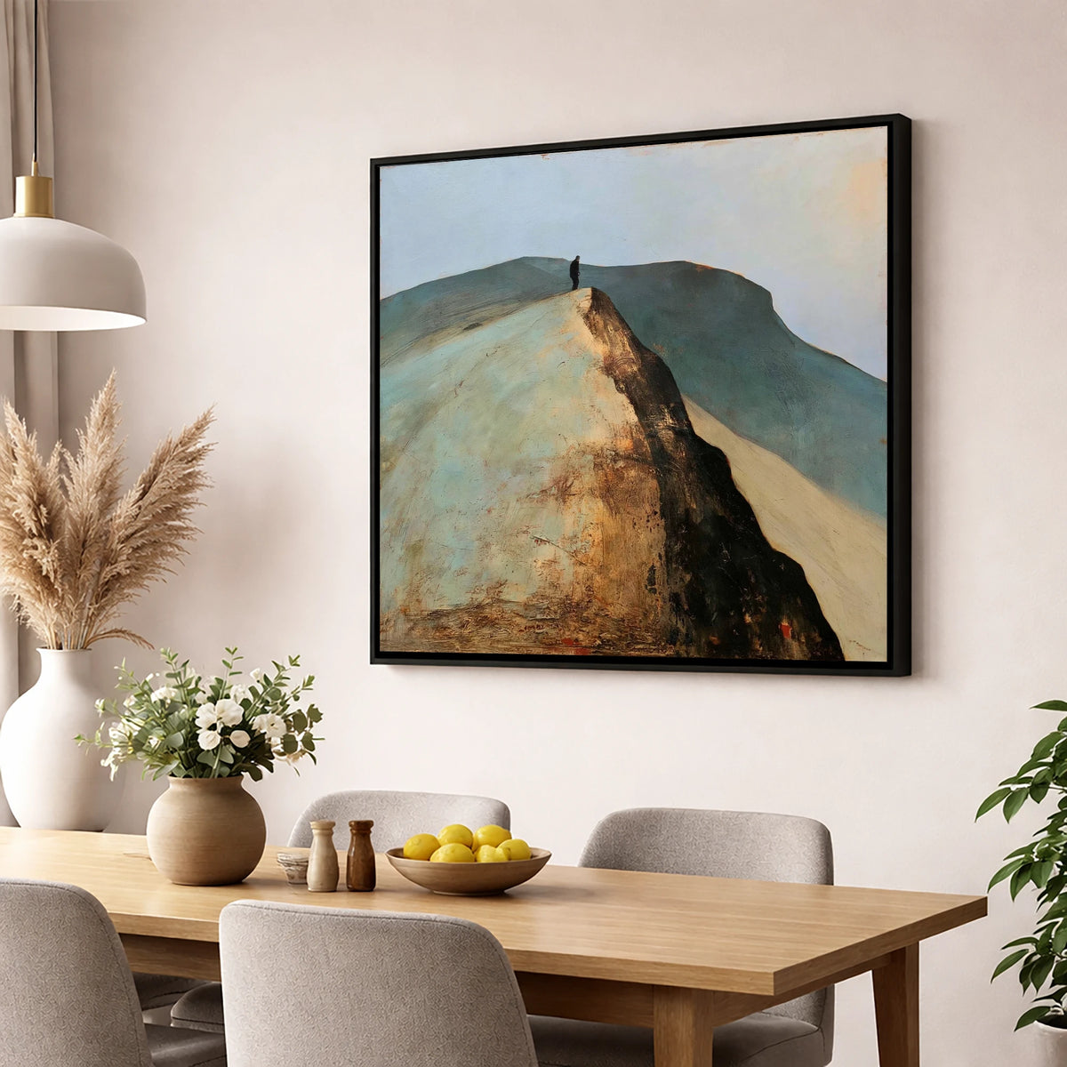 Walker on Golden Striding Edge lake district walking wall art displayed in a dining room