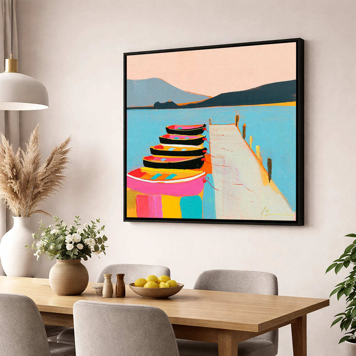 Vibrant Moored Boats on Windermere lake district lake wall art displayed in a dining room