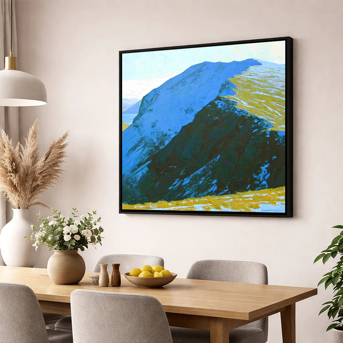 Snow on High Spy Ridge lake district fell wall art displayed in a dining room