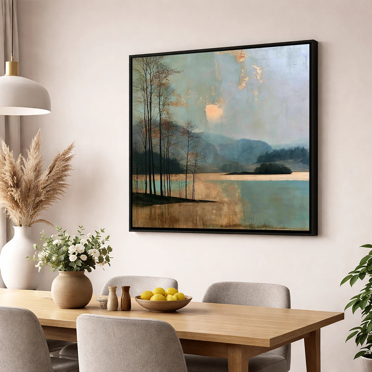Grasmere Island in Golden Light lake district lake wall art displayed in a dining room