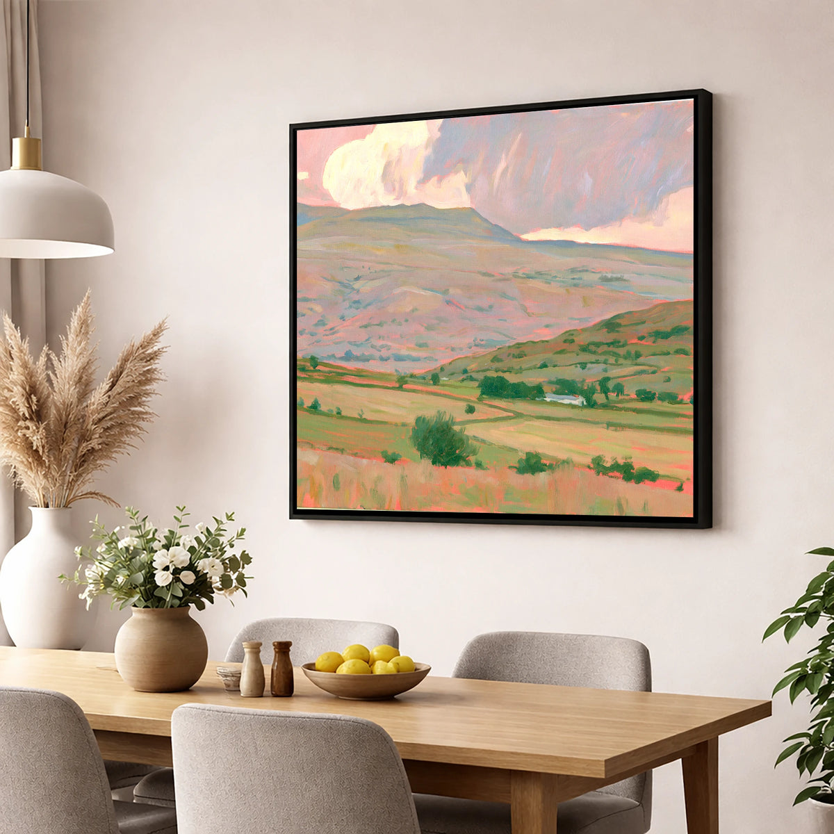 Pastel Storm Clouds Over Fells lake district sky wall art displayed in a dining room