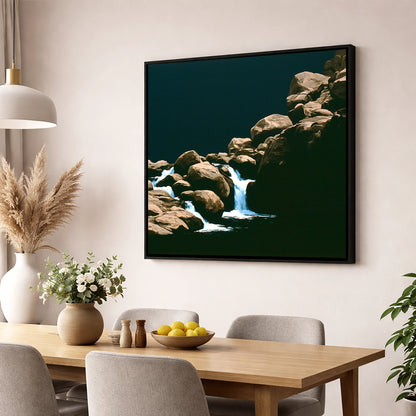 Tumbling Waterfall Among Sunlit Boulders lake district waterfall wall art displayed in a dining room