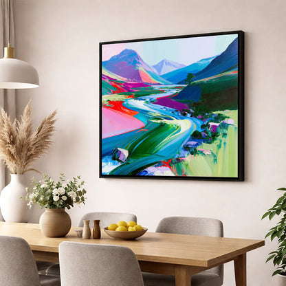 Colourful Rushing Fellside Beck lake district waterfall wall art displayed in a dining room