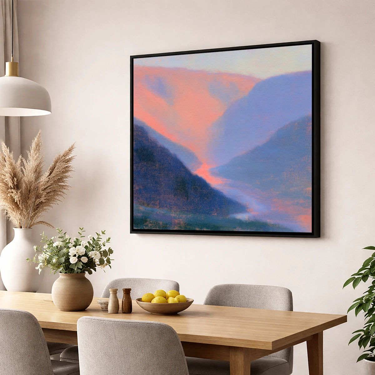 Winding River in Peach Twilight lake district waterfall wall art displayed in a dining room