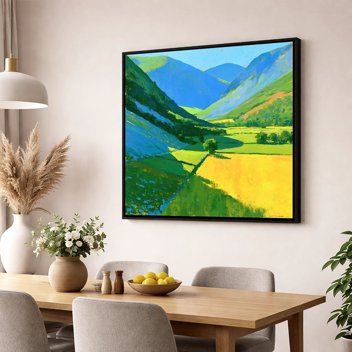 Vibrant Sunlit Valley with Blue Fellside Shadows lake district valley wall art displayed in a dining room