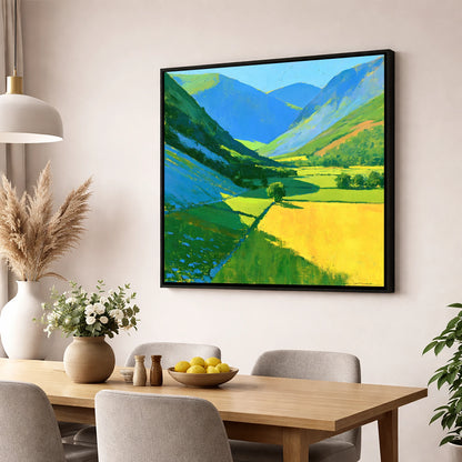 Vibrant Sunlit Valley with Blue Fellside Shadows lake district valley wall art displayed in a dining room