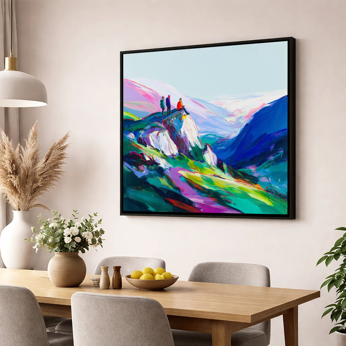 Climbers on a Vibrant Crag lake district walking wall art displayed in a dining room