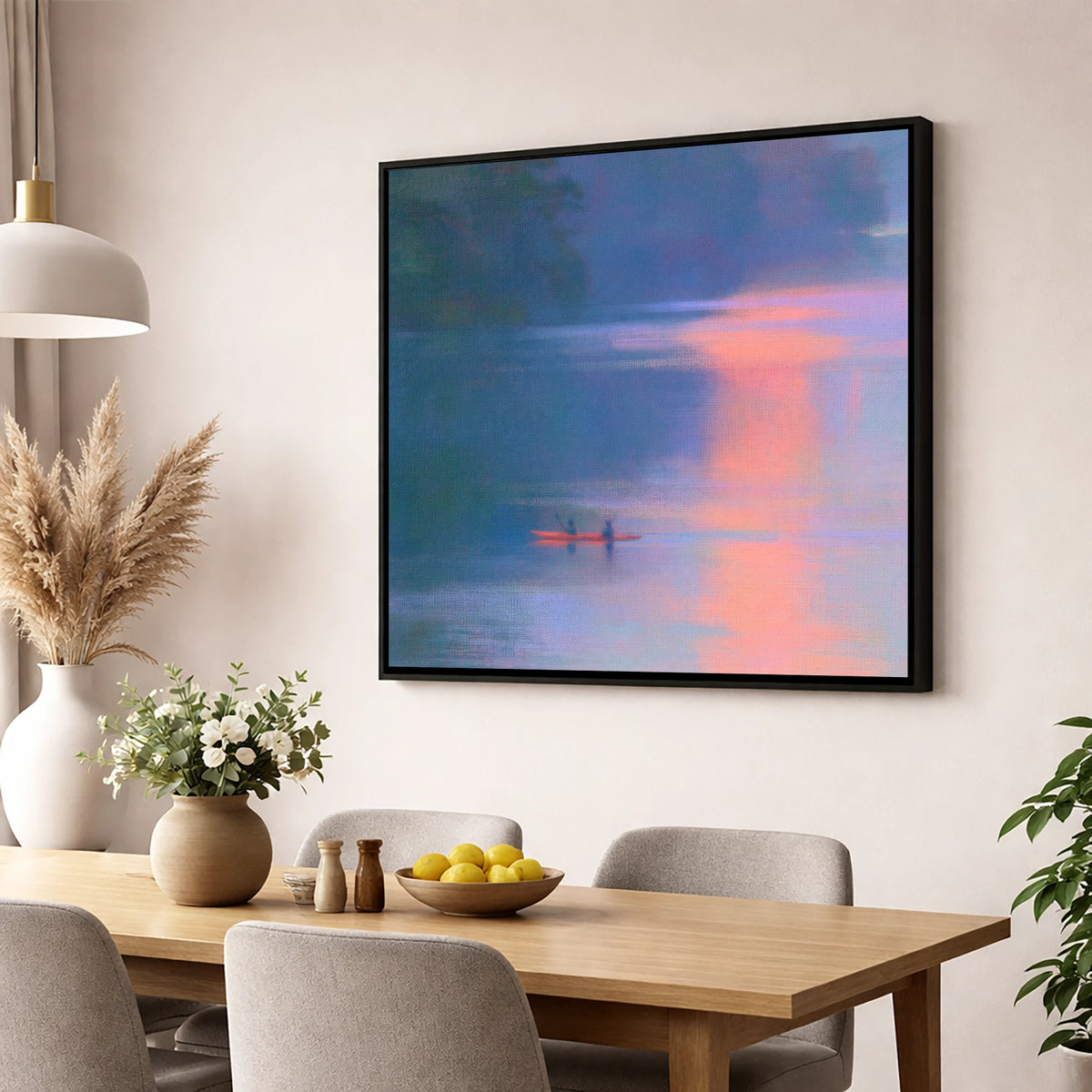 Lake Kayaking in Pink Evening Light lake district walking wall art displayed in a dining room