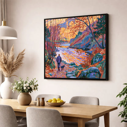 Autumn Dog Walk Aira Force gifts for dog walkers wall art displayed in a dining room