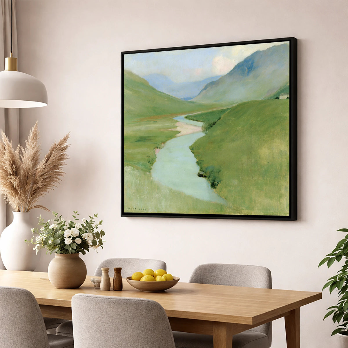 Winding River in Pastel Fells lake district waterfall wall art displayed in a dining room