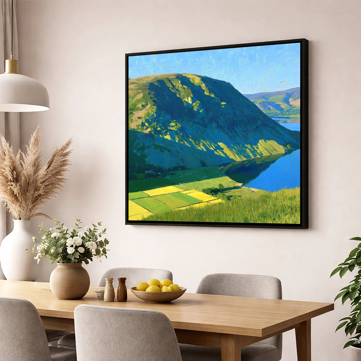 Vibrant Sunlight On Hallin Fell lake district fell wall art displayed in a dining room