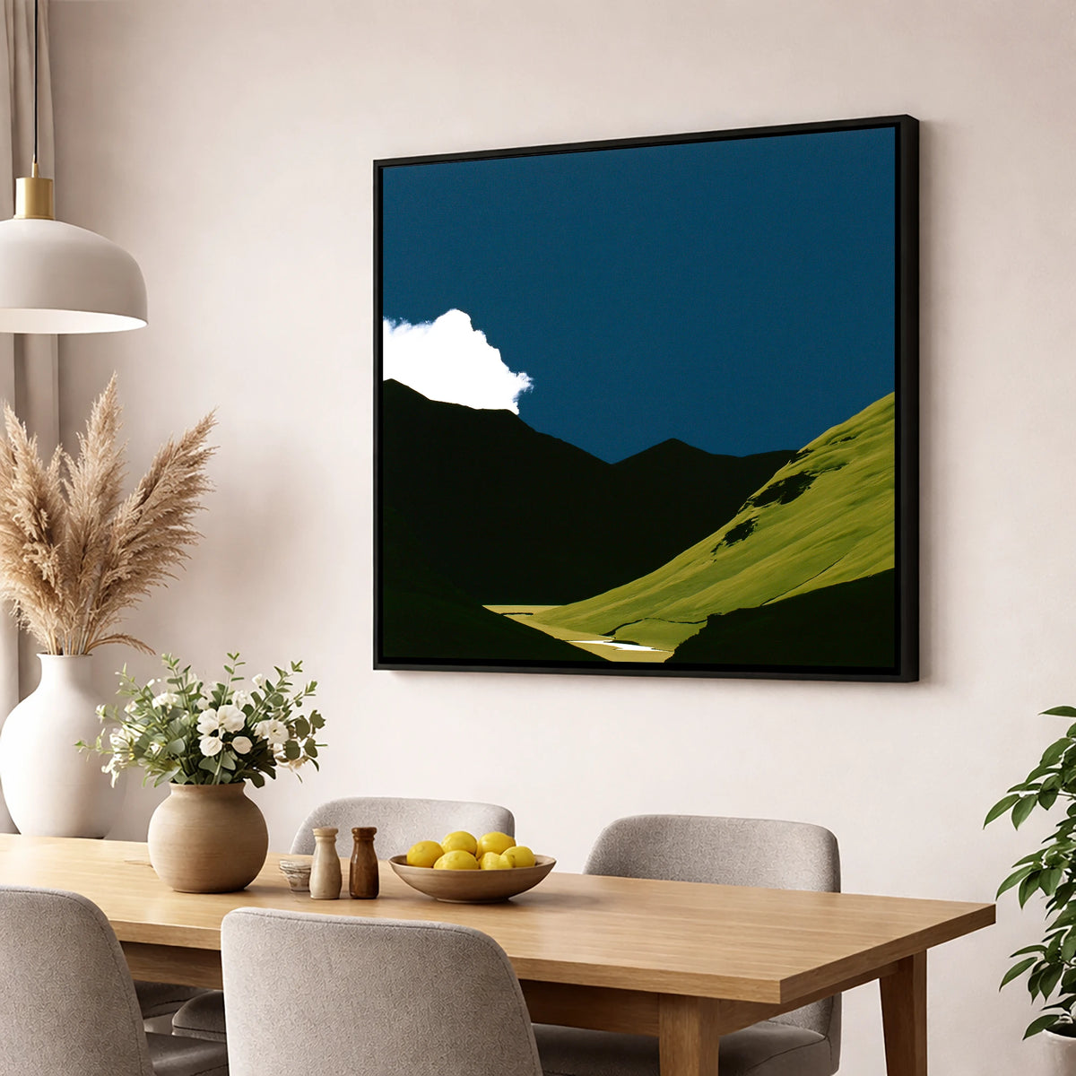 Sunlit Fell Under Storm Cloud lake district sky wall art displayed in a dining room