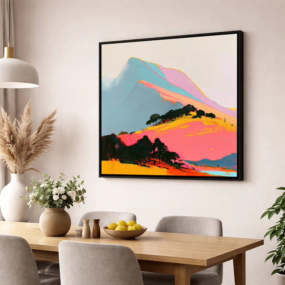Vibrant Pink Mountain Ridge lake district fell wall art displayed in a dining room