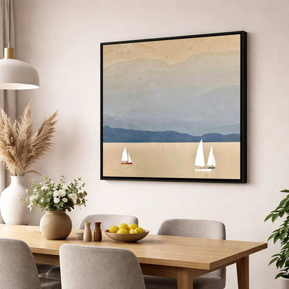 White Sails on Misty Windermere lake district lake wall art displayed in a dining room