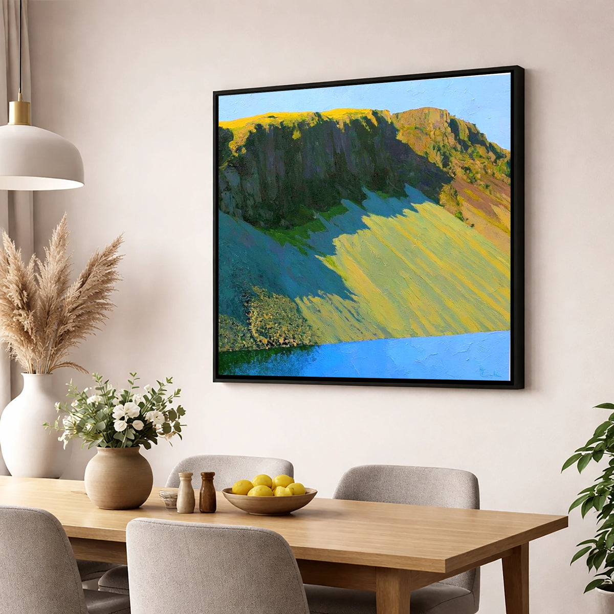 Sunlit Screes of Illgill Head lake district fell wall art displayed in a dining room