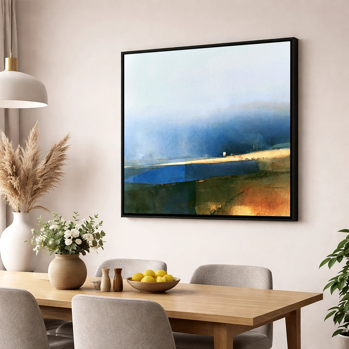 Patchwork Fields Under Indigo Skies lake district valley wall art displayed in a dining room