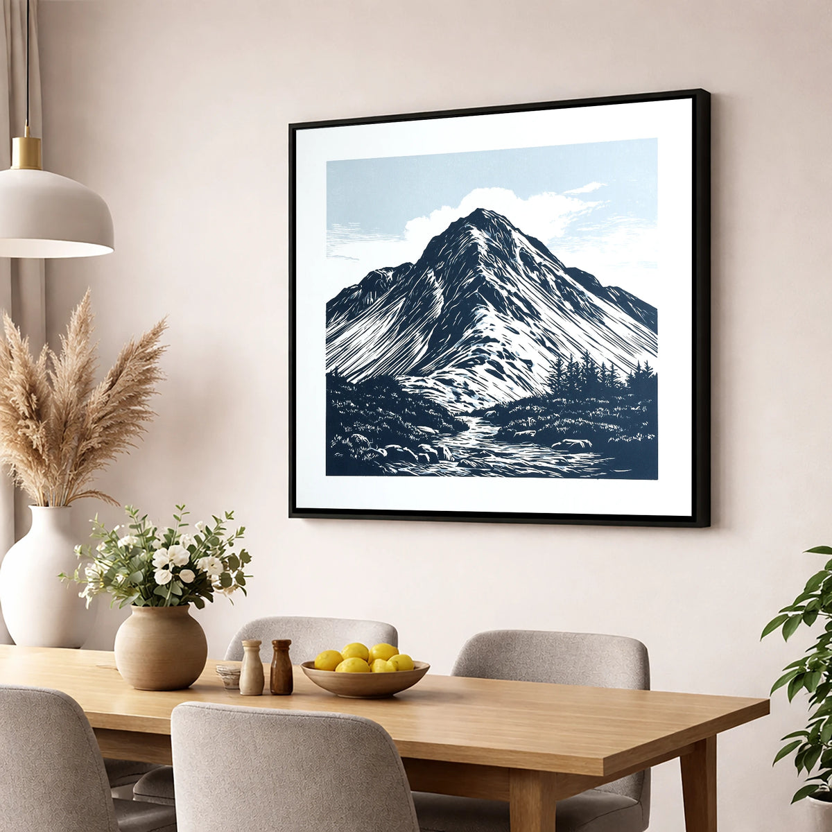 Great Gable in Deep Navy lake district fell wall art displayed in a dining room