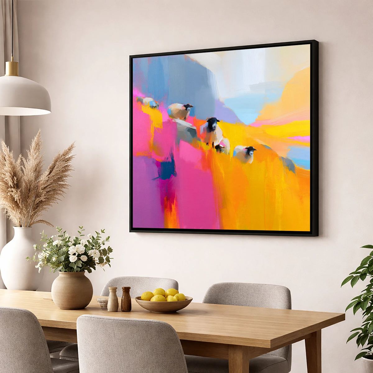 Herdwick Sheep in Fuchsia and Gold lake district wildlife wall art displayed in a dining room