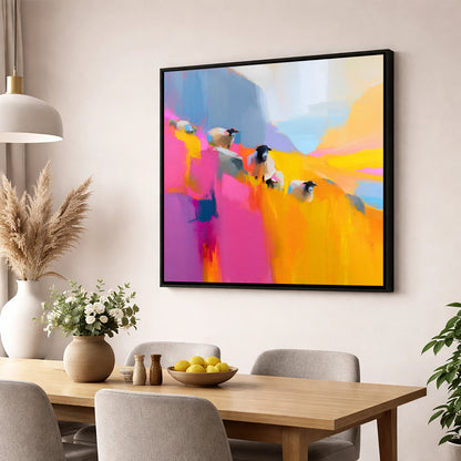 Herdwick Sheep in Fuchsia and Gold lake district wildlife wall art displayed in a dining room