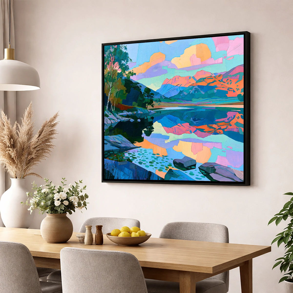 Pastel Dawn Over Still Lake lake district lake wall art displayed in a dining room