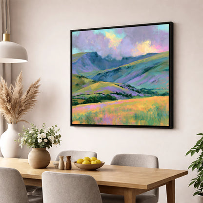 Lavender and Gold Rolling Fells lake district fell wall art displayed in a dining room
