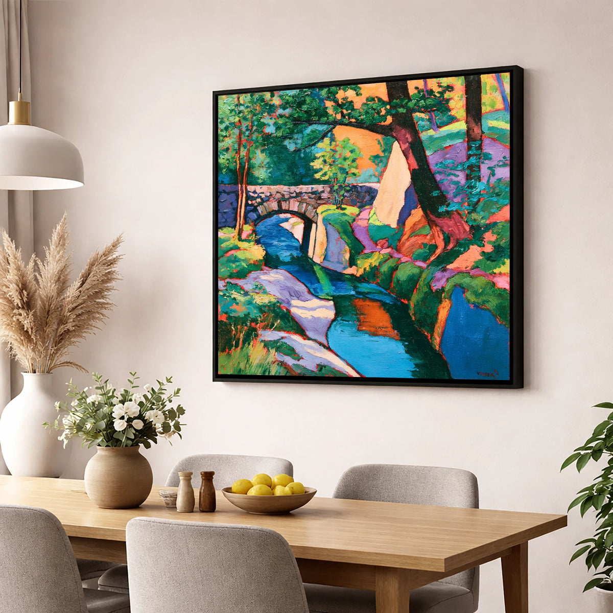 Vibrant Bridge Over Turquoise Beck lake district waterfall wall art displayed in a dining room
