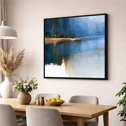Moody Blue Calm Lake Reflections lake district lake wall art displayed in a dining room