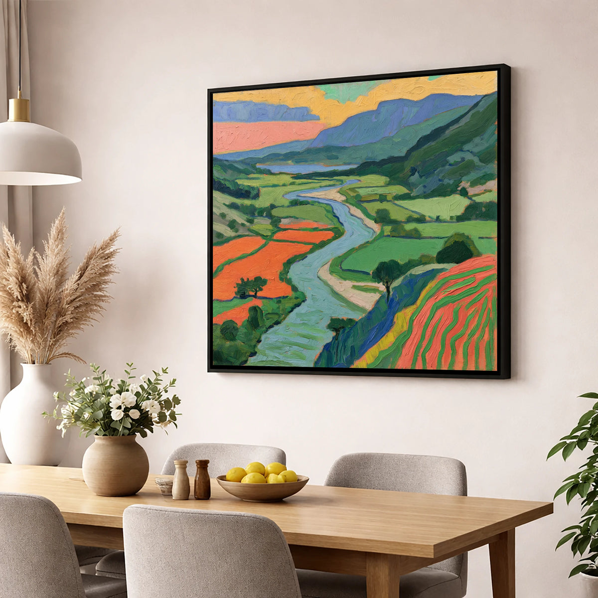 Winding River Through Vivid Fells lake district waterfall wall art displayed in a dining room