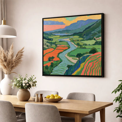 Winding River Through Vivid Fells lake district waterfall wall art displayed in a dining room