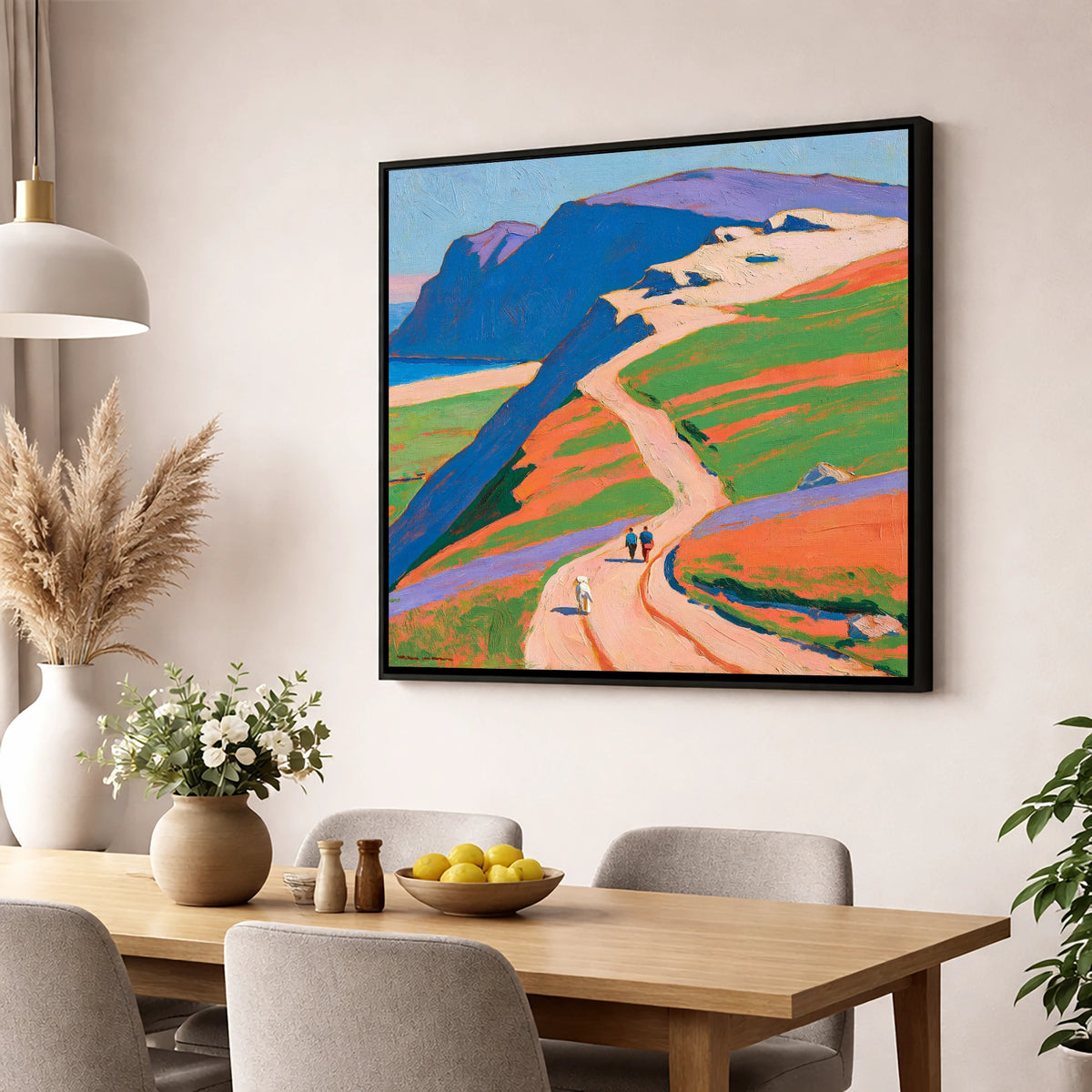 Vibrant Helvellyn Dog Walk gifts for dog walkers wall art displayed in a dining room