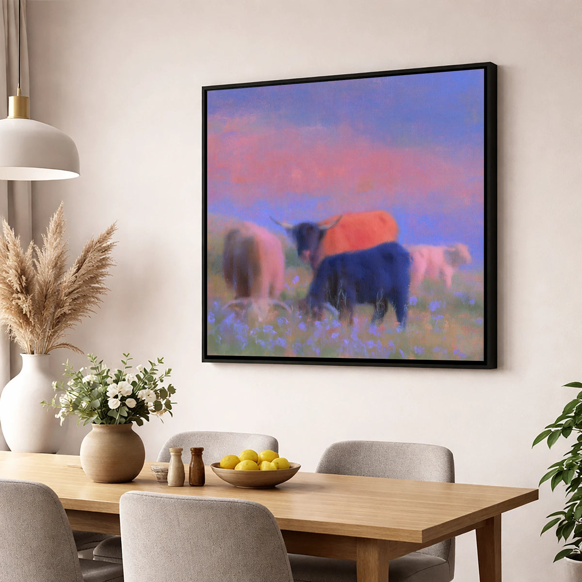 Highland Cattle in Pink Twilight lake district wildlife wall art displayed in a dining room