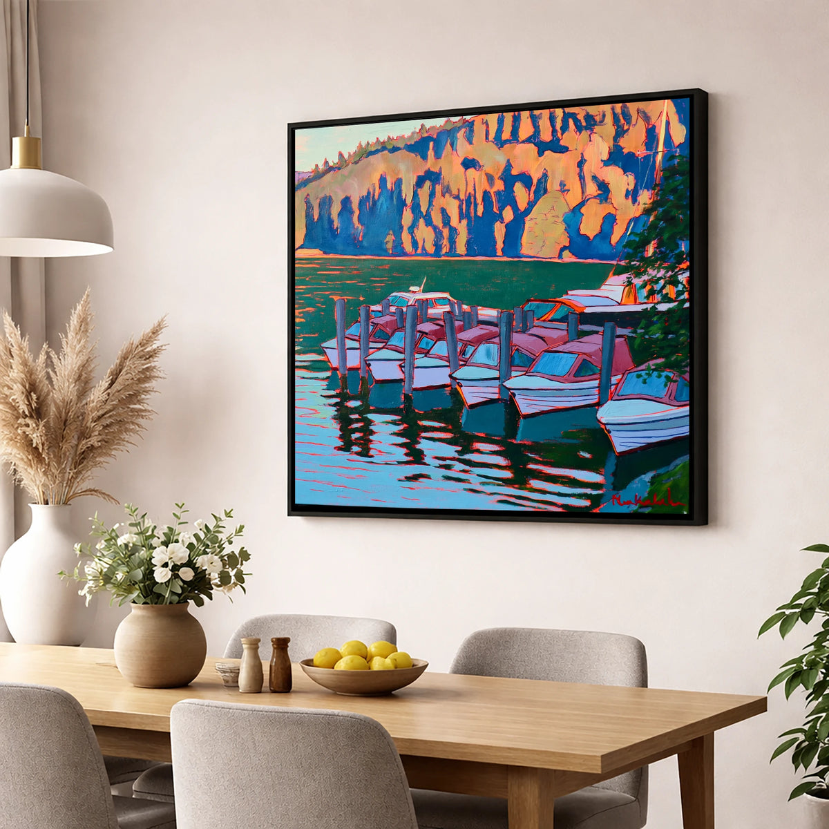 Colourful Windermere Boat Mooring lake district lake wall art displayed in a dining room