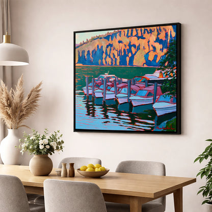 Colourful Windermere Boat Mooring lake district lake wall art displayed in a dining room
