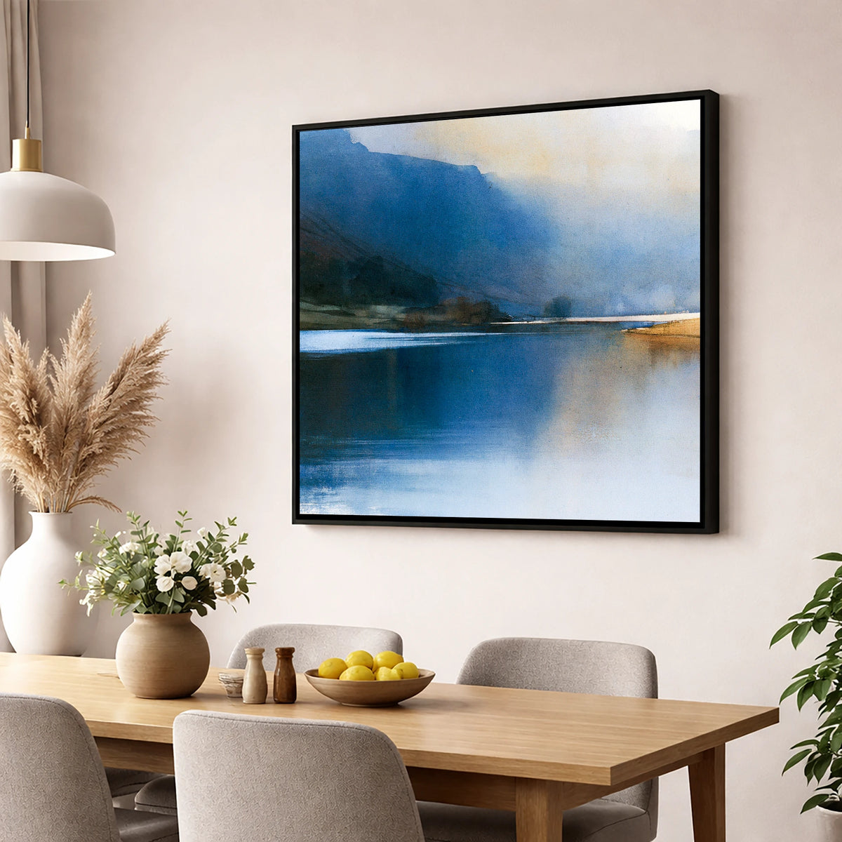Indigo Fells and Lake Mist lake district lake wall art displayed in a dining room