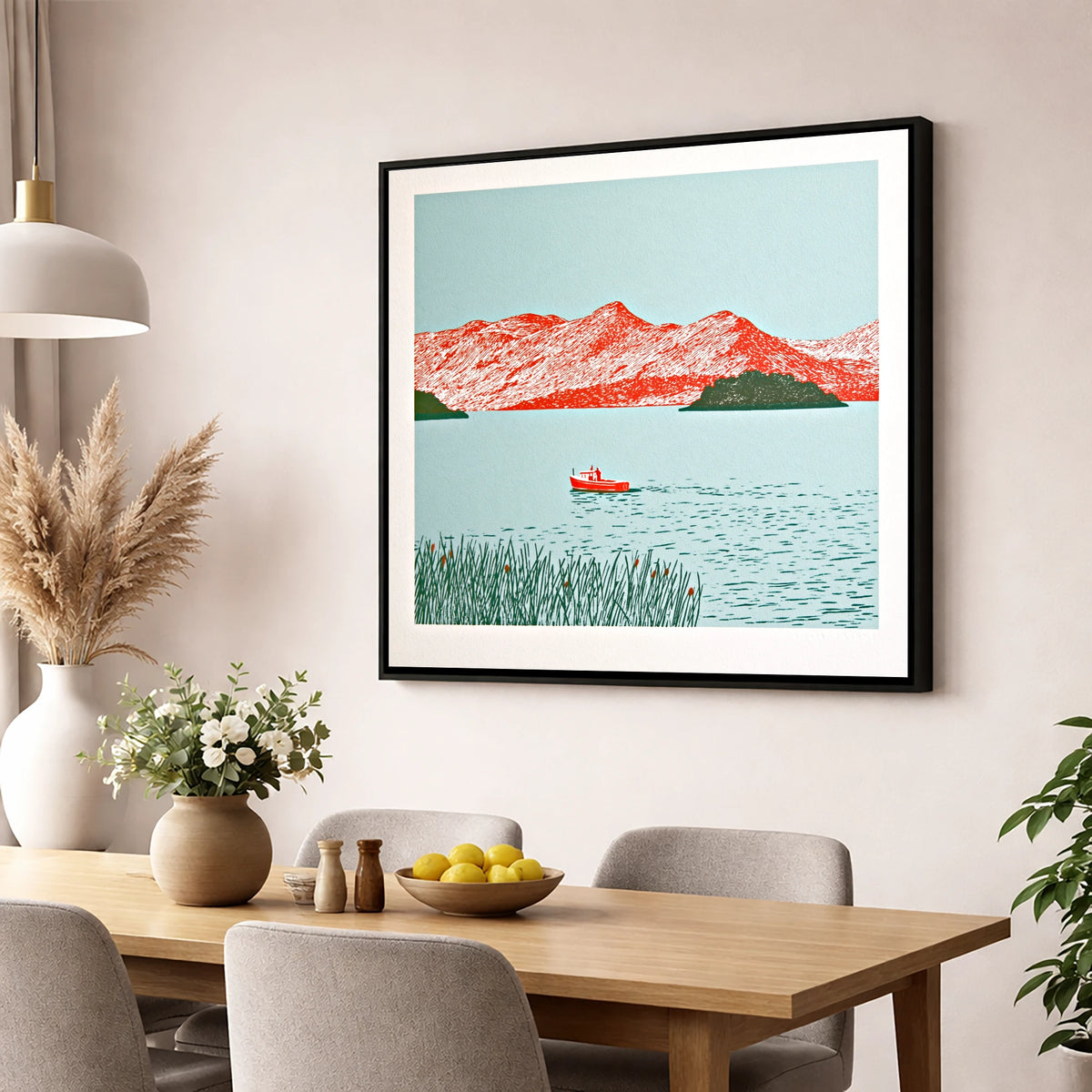Derwentwater Fells in Vivid Red lake district lake wall art displayed in a dining room