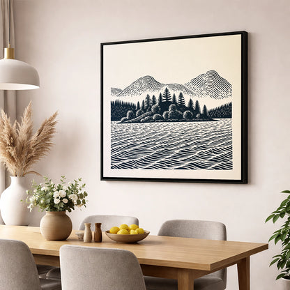 Graphic Derwentwater Island Landscape lake district lake wall art displayed in a dining room