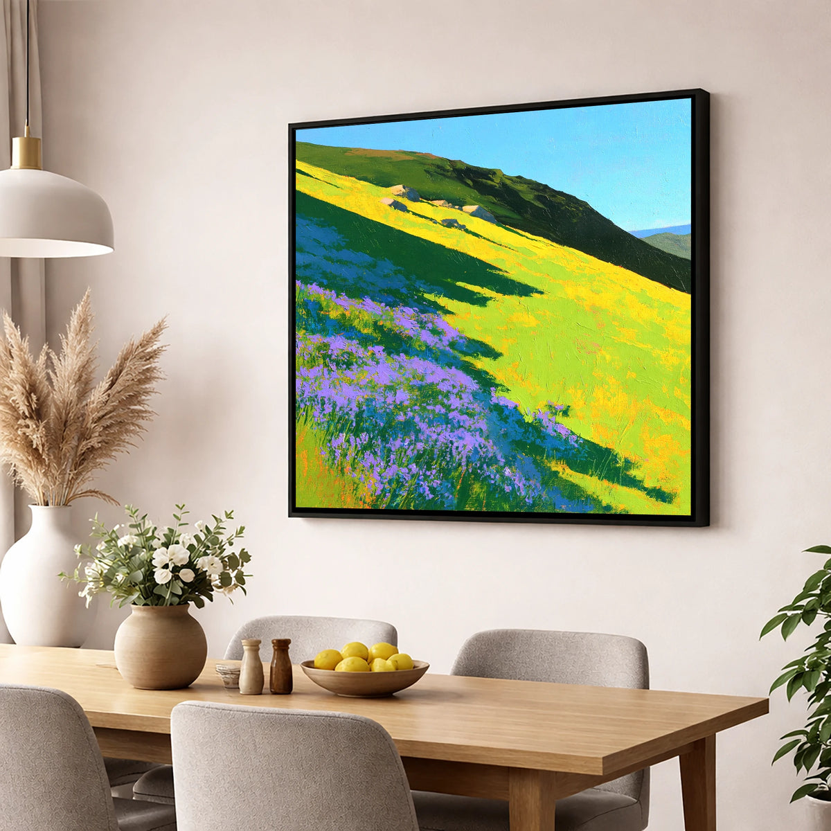 Purple Heather and Fellside Shadows flowers & fellsides wall art displayed in a dining room