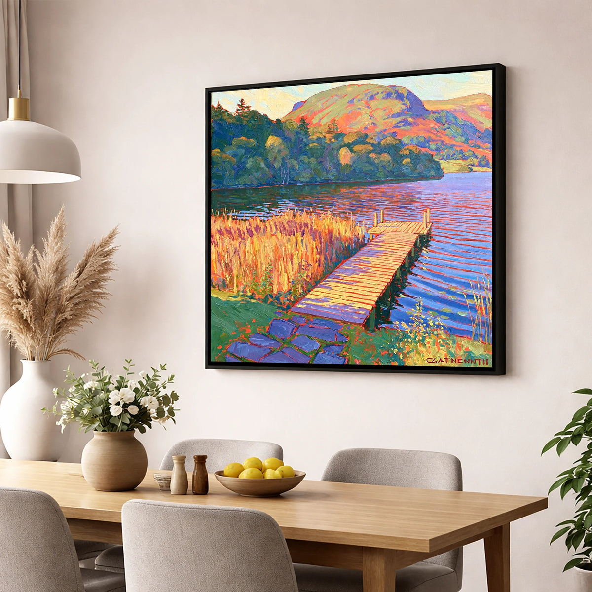Vibrant Grasmere Pier at Sunset grasmere wall art wall art displayed in a dining room