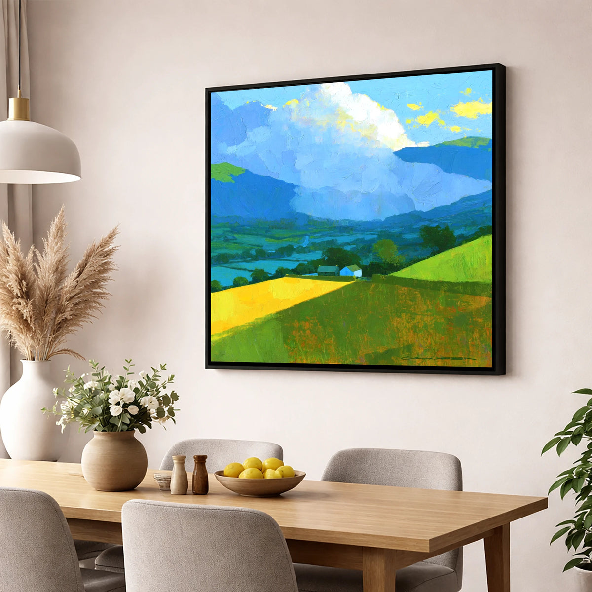 Vibrant Valley Fields and Towering Clouds lake district sky wall art displayed in a dining room