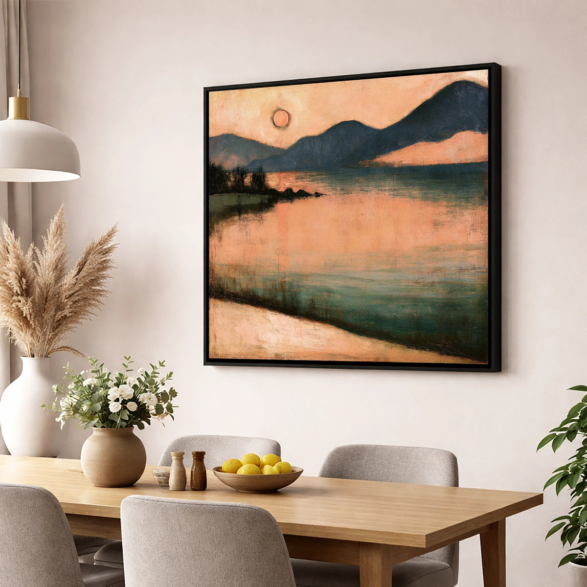 Terracotta Sunset Over Lakeland Water lake district lake wall art displayed in a dining room