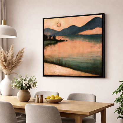 Terracotta Sunset Over Lakeland Water lake district lake wall art displayed in a dining room